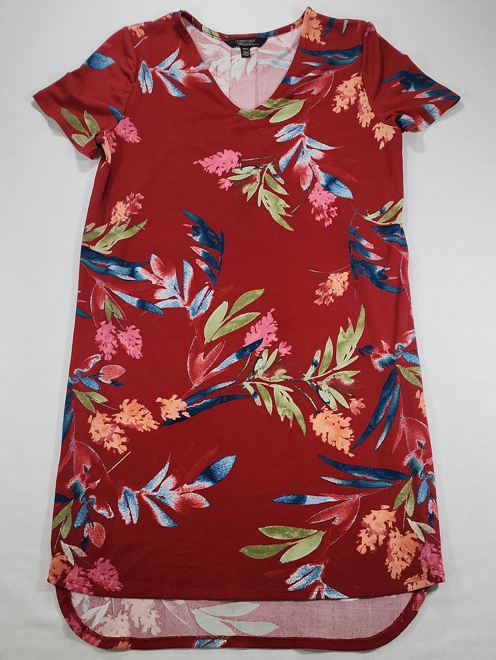 Christian Siriano Red Floral V-Neck High-Low Dress with Multicolor Leaves